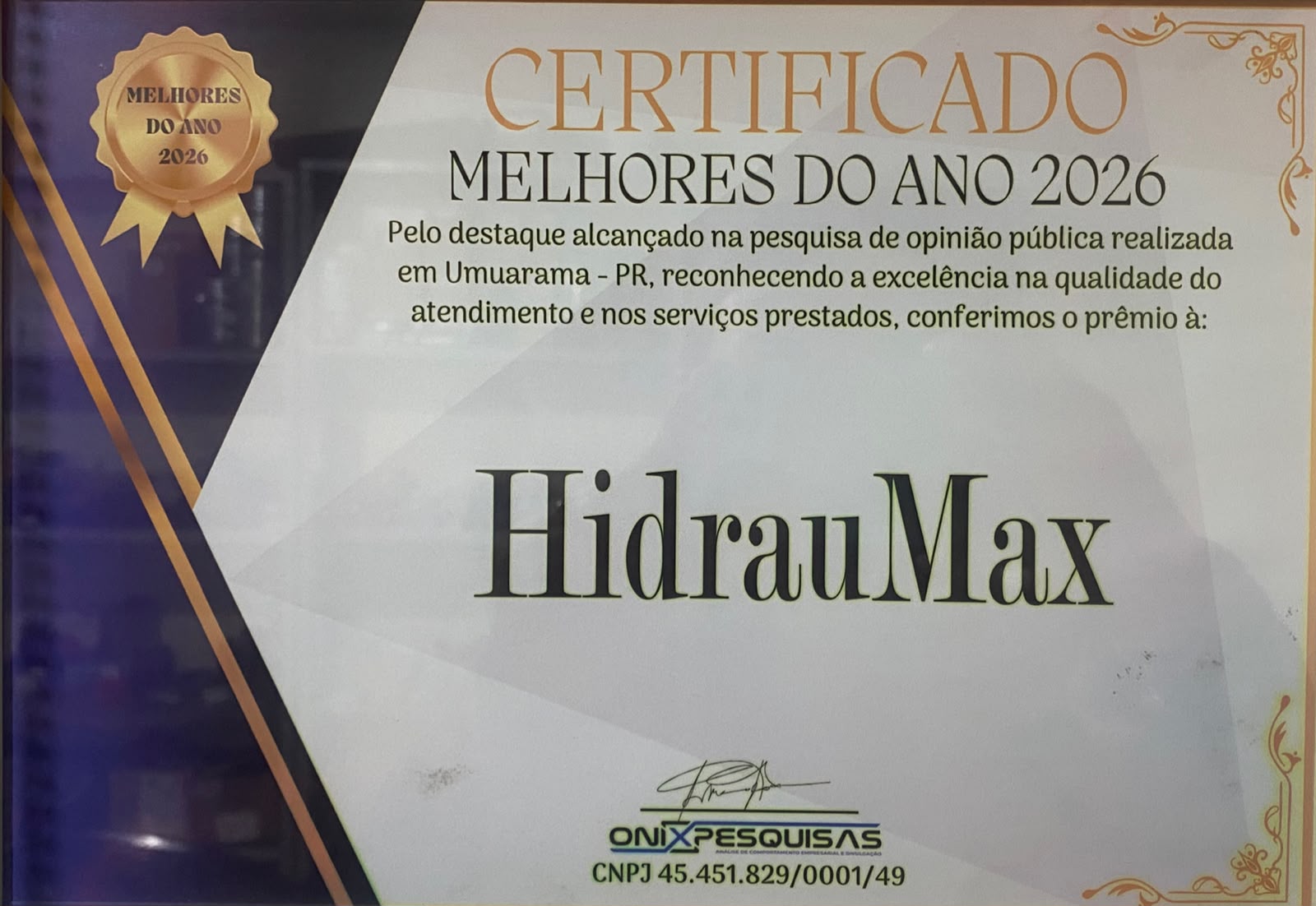 Certificado Melhores do Ano 2026 concedido à HidrauMax